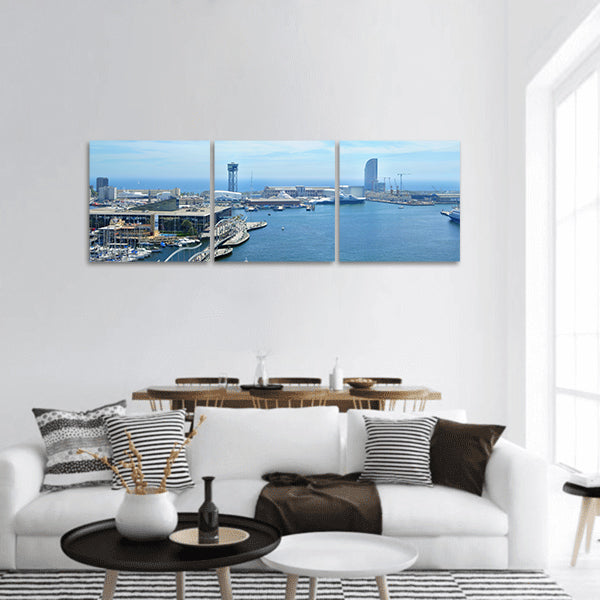 Port Vell and Maremagnum in Barcelona, Spain panoramic canvas wall art