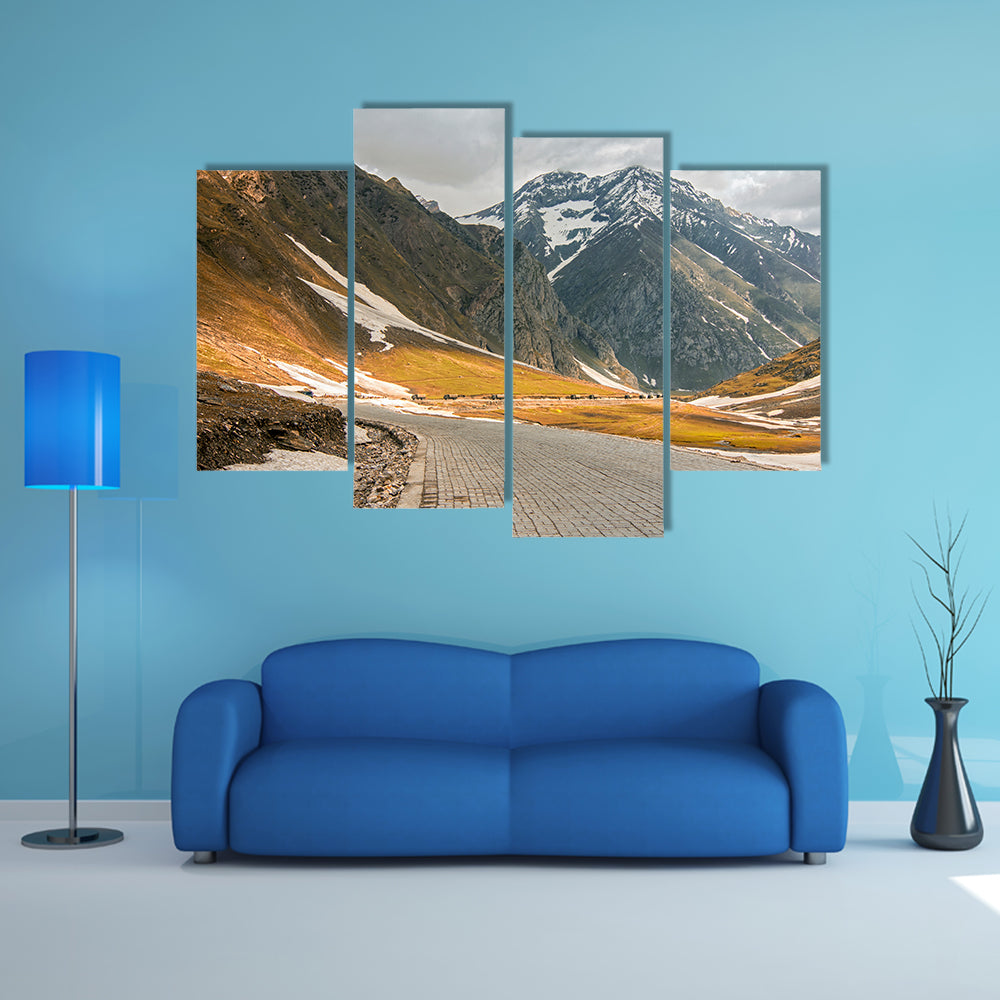 Roads winding up towards high Himalayan snow caped mighty Zozila pass multi panel canvas wall art