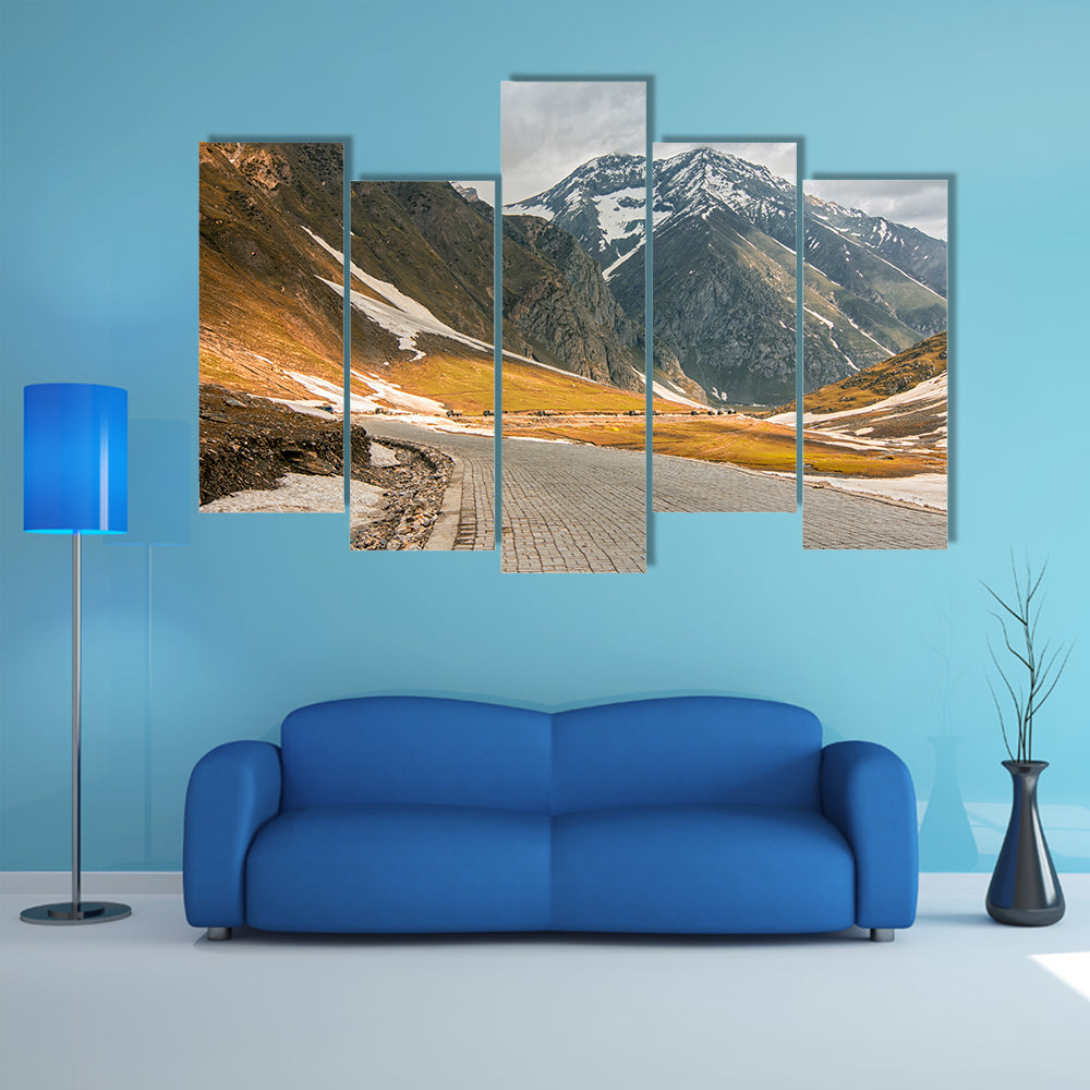 Roads winding up towards high Himalayan snow caped mighty Zozila pass multi panel canvas wall art