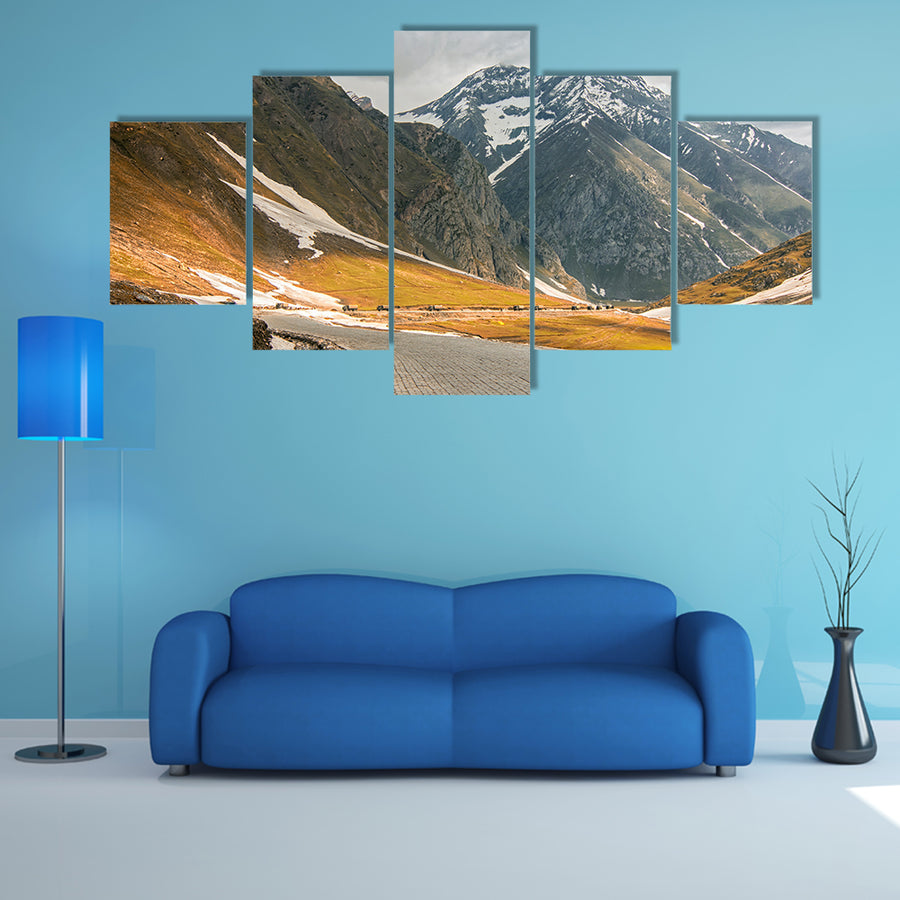 Roads winding up towards high Himalayan snow caped mighty Zozila pass multi panel canvas wall art