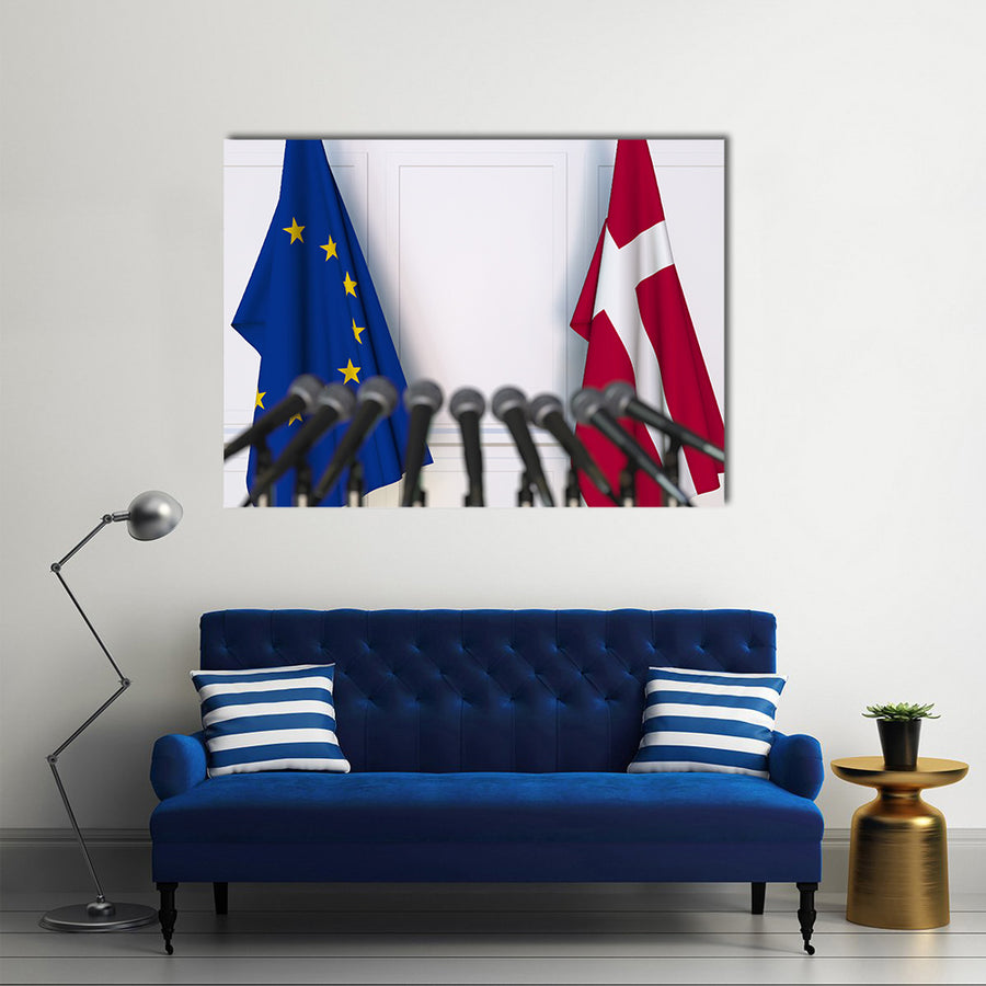 Flags Of The European Union And Denmark At International Meeting Multi Panel Canvas Wall Art