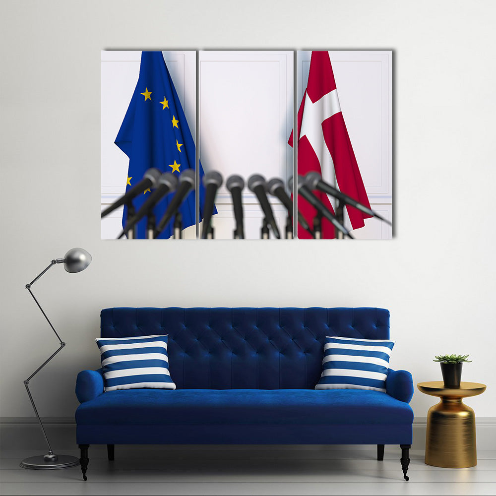 Flags Of The European Union And Denmark At International Meeting Multi Panel Canvas Wall Art