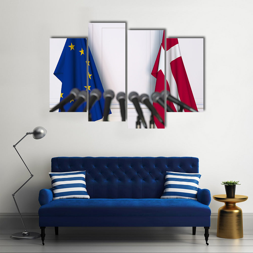 Flags Of The European Union And Denmark At International Meeting Multi Panel Canvas Wall Art