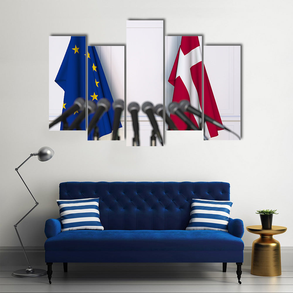 Flags Of The European Union And Denmark At International Meeting Multi Panel Canvas Wall Art