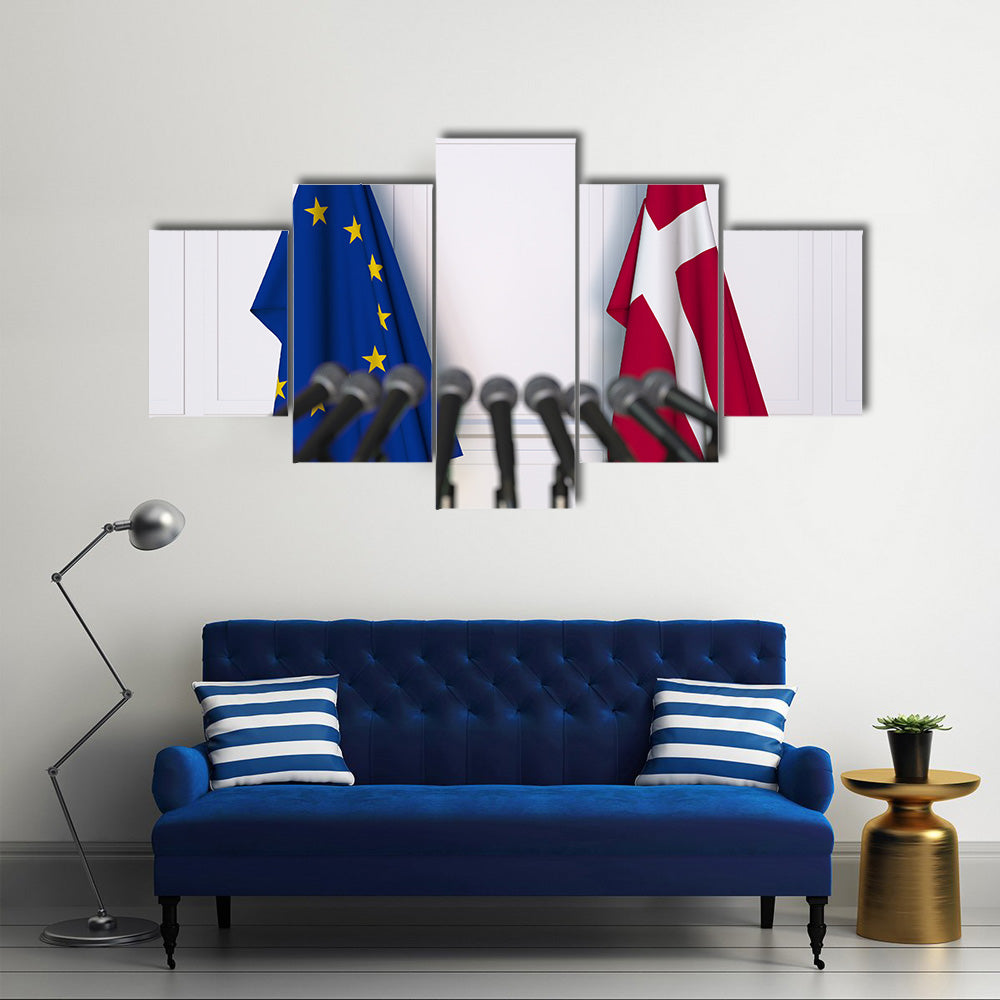 Flags Of The European Union And Denmark At International Meeting Multi Panel Canvas Wall Art