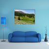 Grassy meadow at the foot of the mountain, beautiful landscape with spruce forest on hillside multi panel canvas wall art