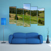 Grassy meadow at the foot of the mountain, beautiful landscape with spruce forest on hillside multi panel canvas wall art