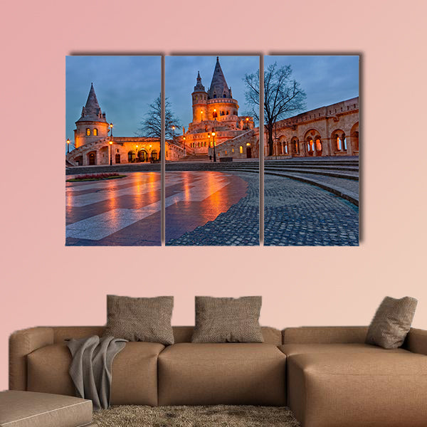 View of the Budapest Fishermen's Bastion at dusk multi panel canvas wall art