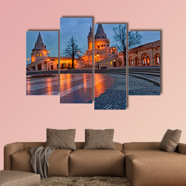 View of the Budapest Fishermen's Bastion at dusk multi panel canvas wall art