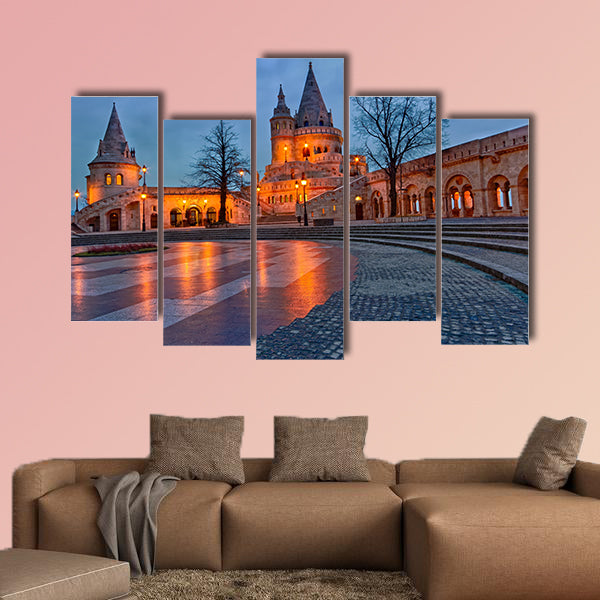 View of the Budapest Fishermen's Bastion at dusk multi panel canvas wall art
