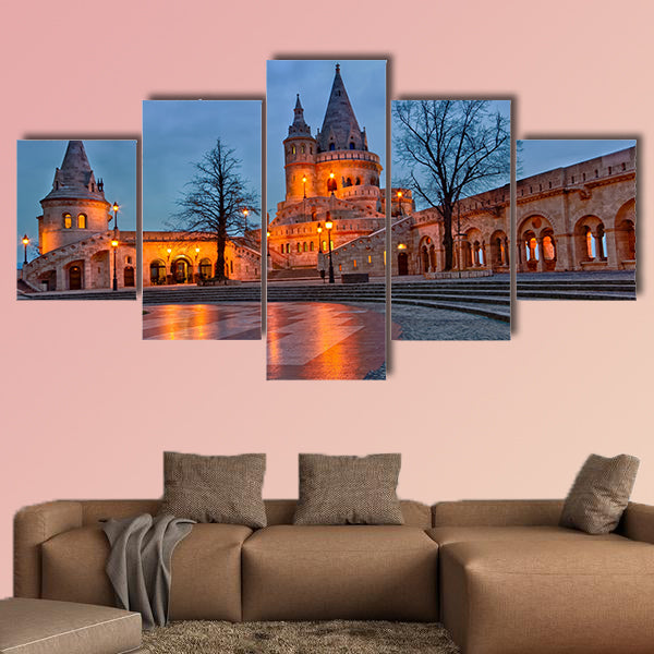 View of the Budapest Fishermen's Bastion at dusk multi panel canvas wall art