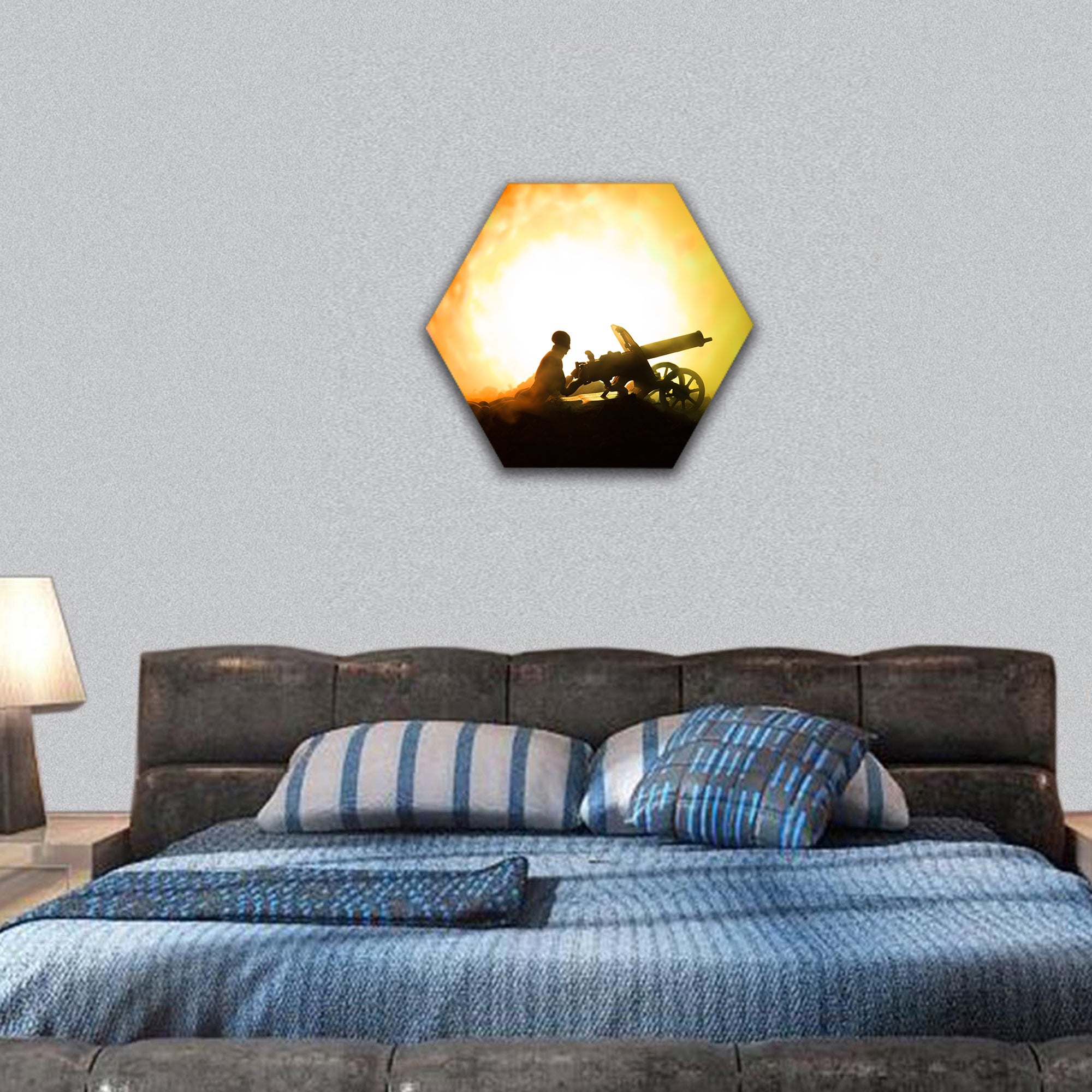 World War Soldiers Silhouettes Below Cloudy Skyline hexagonal canvas wall art
