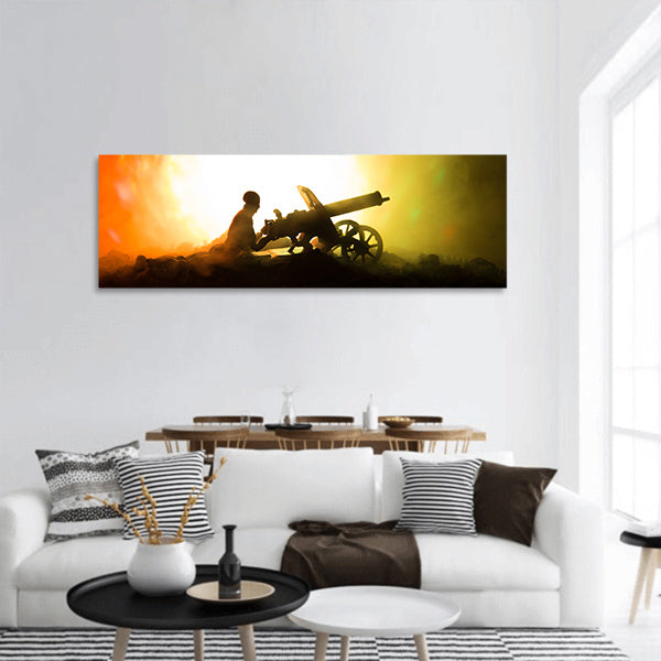 Man with Machine gun Military silhouettes fighting on war panoramic canvas wall art