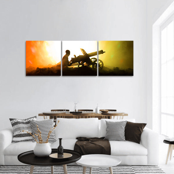 Man with Machine gun Military silhouettes fighting on war panoramic canvas wall art
