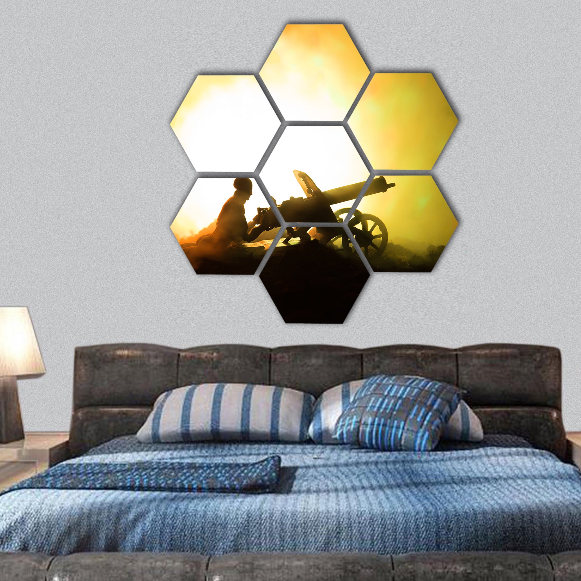 World War Soldiers Silhouettes Below Cloudy Skyline hexagonal canvas wall art