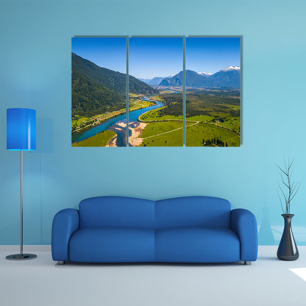 Aerial view of the green valley with river and mountains town of Puerto Aysen, Chile Multi panel canvas wall art
