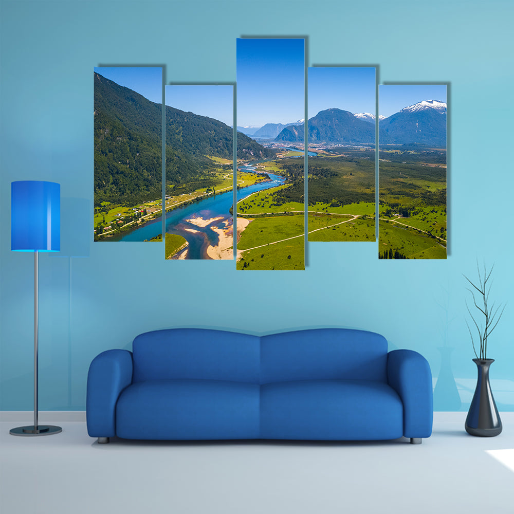 Aerial view of the green valley with river and mountains town of Puerto Aysen, Chile Multi panel canvas wall art