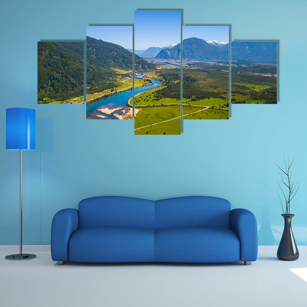 Aerial view of the green valley with river and mountains town of Puerto Aysen, Chile Multi panel canvas wall art