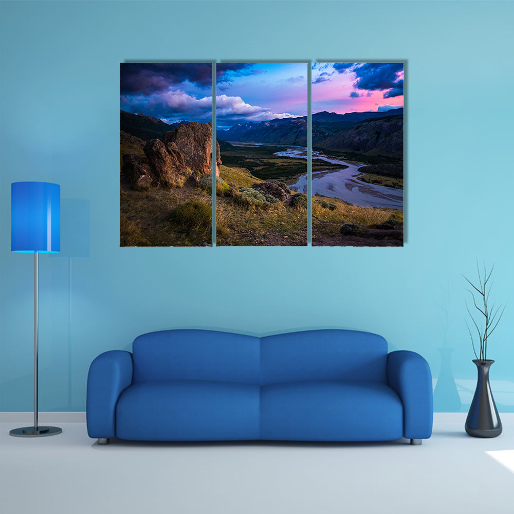 Valley with river and mountains during sunrise, Patagonia, Argentina Multi panel canvas wall art