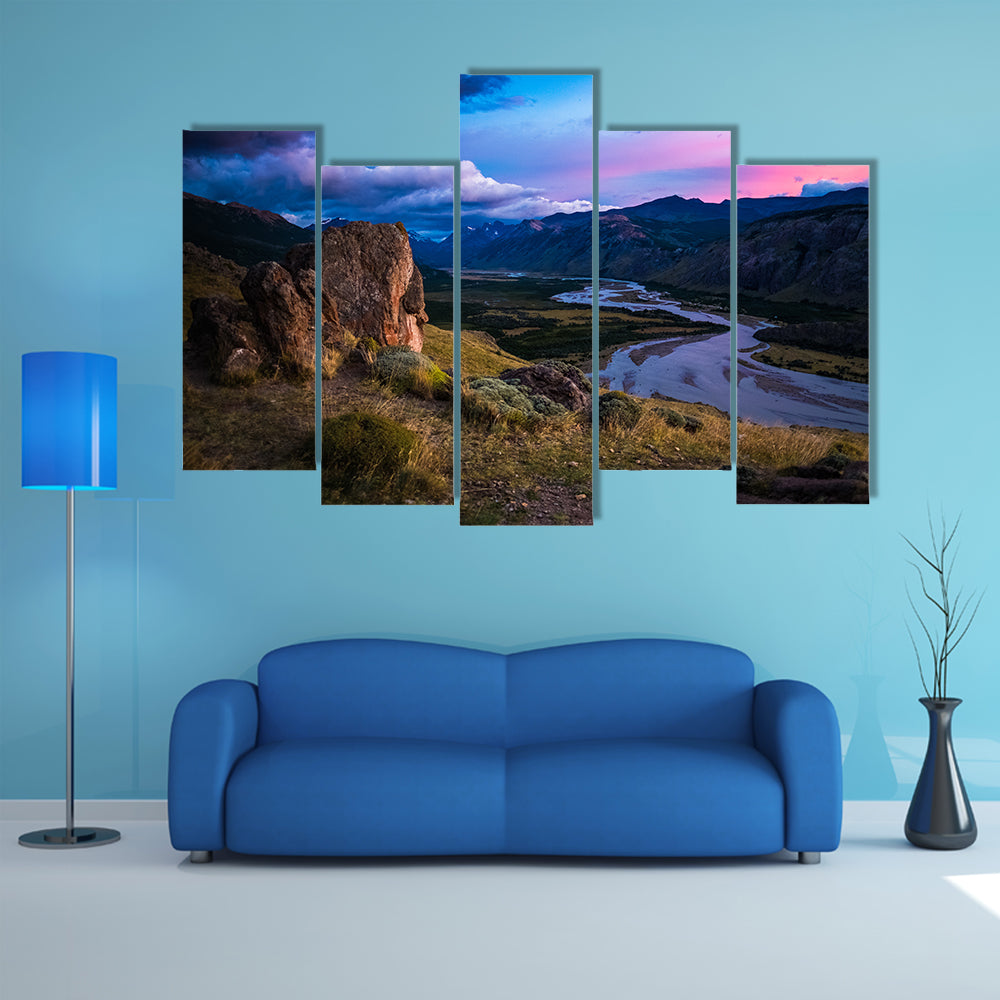 Valley with river and mountains during sunrise, Patagonia, Argentina Multi panel canvas wall art