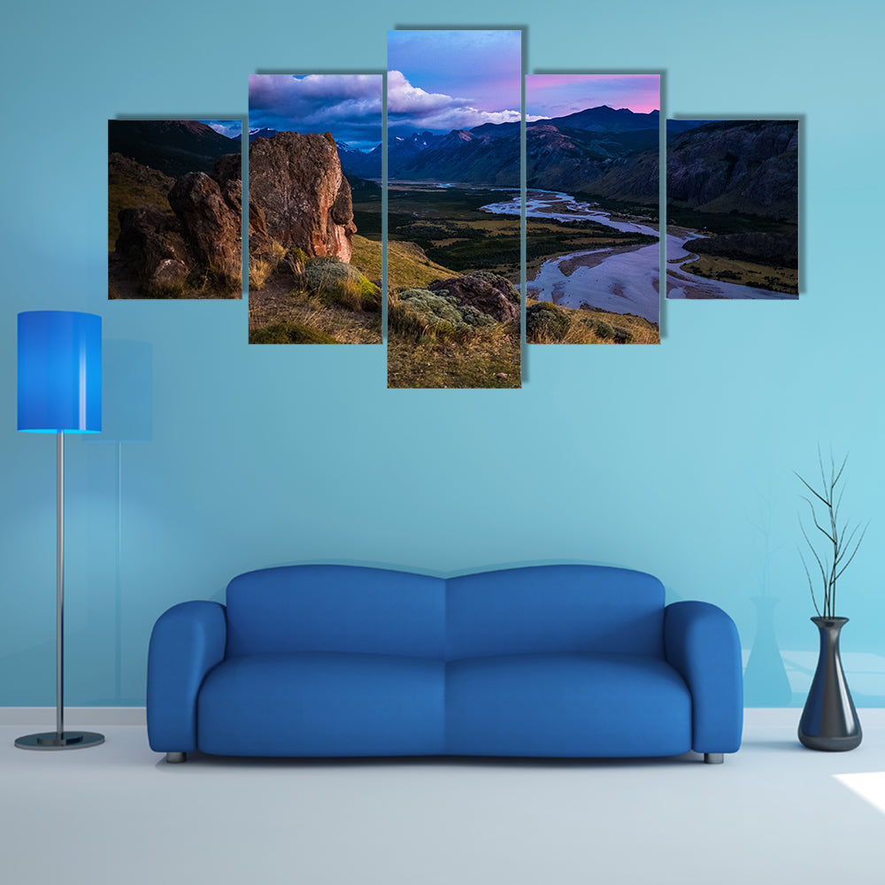 Valley with river and mountains during sunrise, Patagonia, Argentina Multi panel canvas wall art