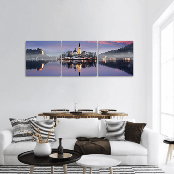 Amazing sunset at the lake Bled in winter, Slovenia panoramic canvas wall art
