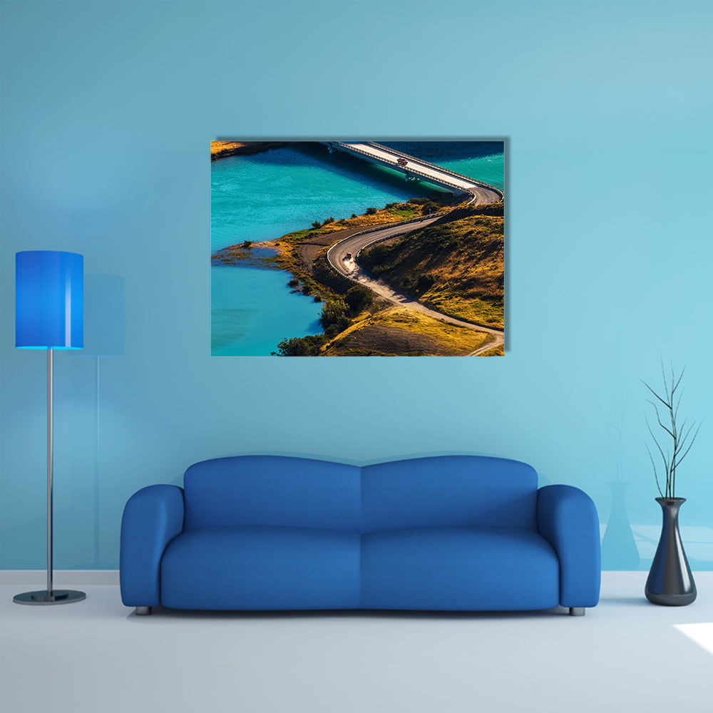 Two cars crossing Blue River on the bridge in the Chile multi panel canvas wall art