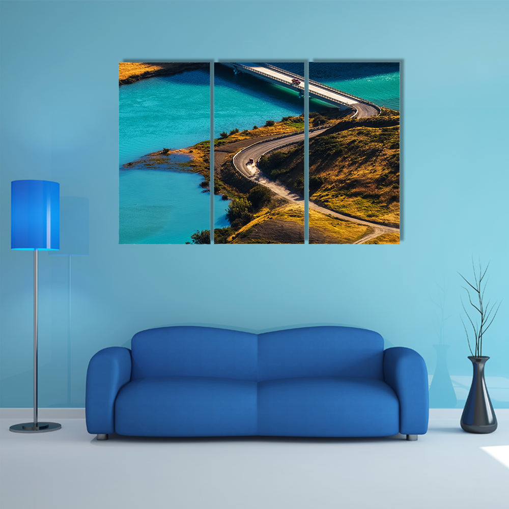Two cars crossing Blue River on the bridge in the Chile multi panel canvas wall art