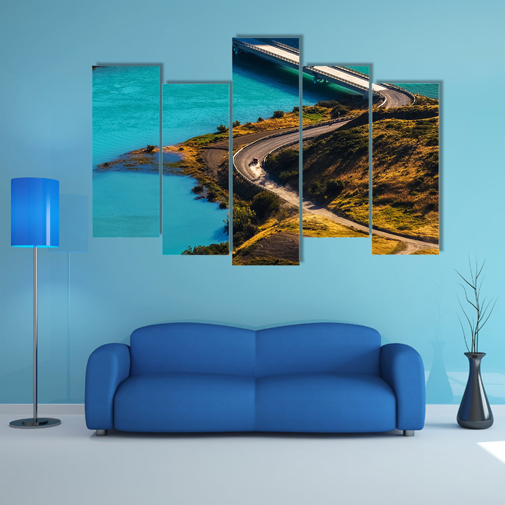 Two cars crossing Blue River on the bridge in the Chile multi panel canvas wall art