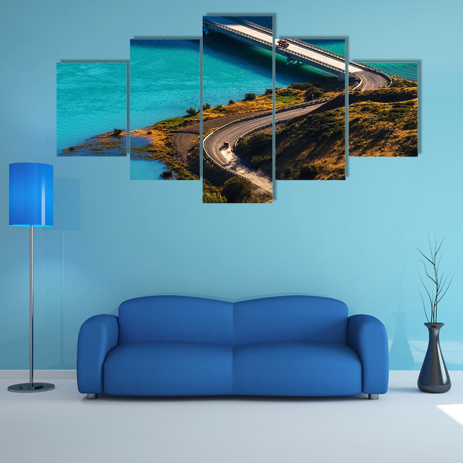 Two cars crossing Blue River on the bridge in the Chile multi panel canvas wall art