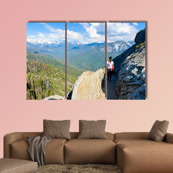 Hiker at Moro Rock Hiking in Sequoia National Park, California, USA Multi panel canvas wall art