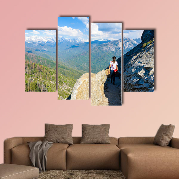 Hiker at Moro Rock Hiking in Sequoia National Park, California, USA Multi panel canvas wall art