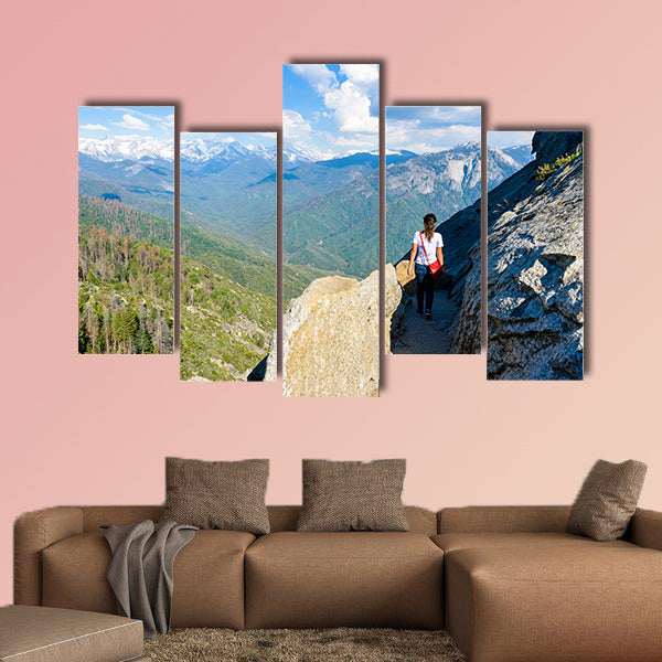 Hiker at Moro Rock Hiking in Sequoia National Park, California, USA Multi panel canvas wall art