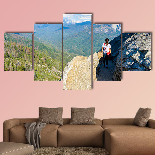 Hiker at Moro Rock Hiking in Sequoia National Park, California, USA Multi panel canvas wall art