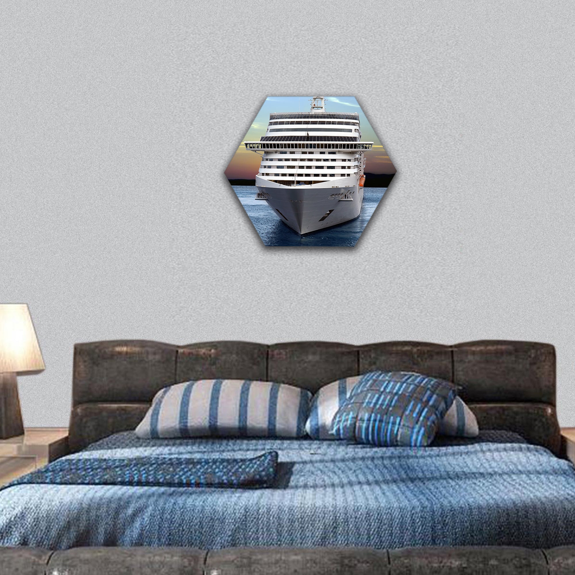 cruise ship sailing from port on sunset hexagonal canvas wall art