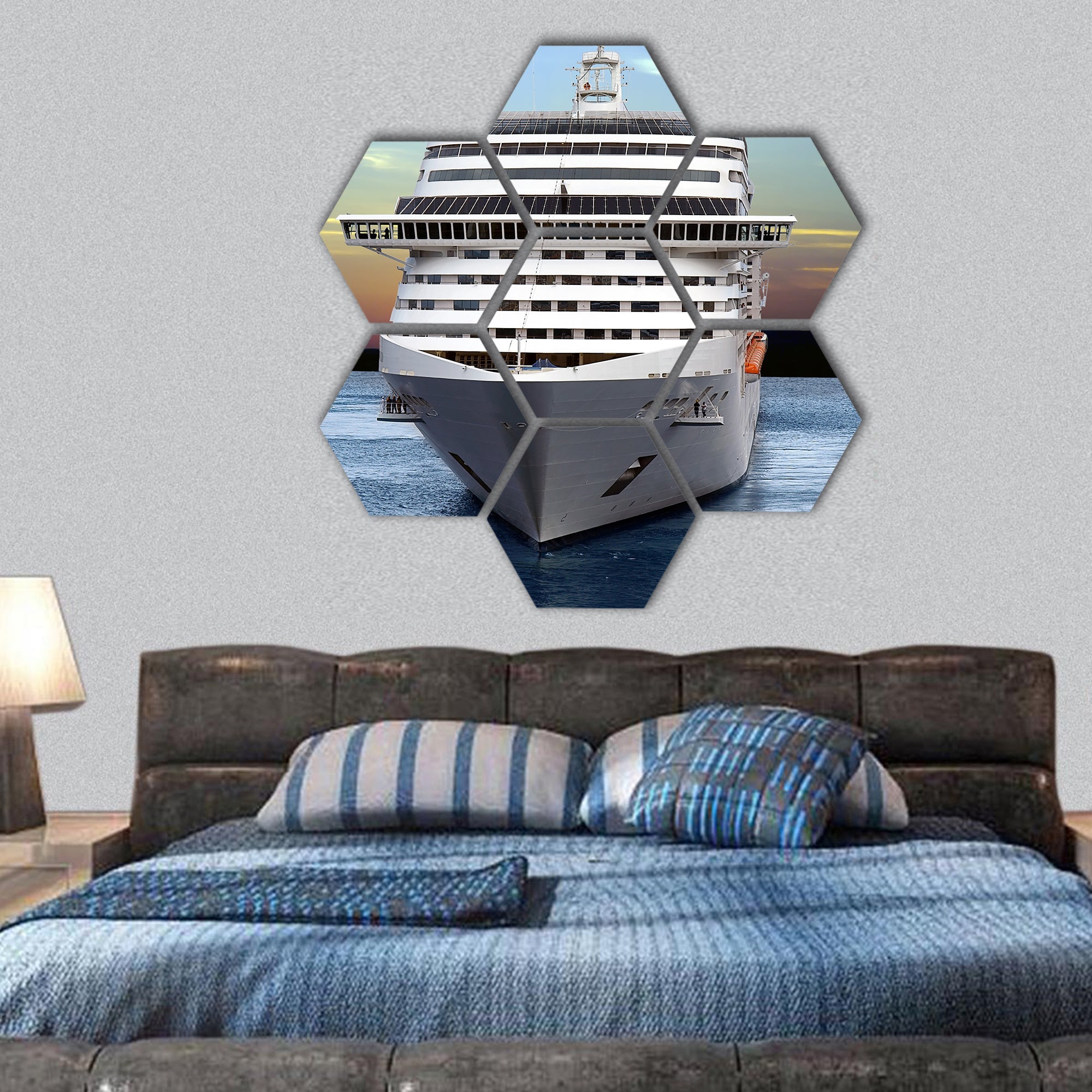 cruise ship sailing from port on sunset hexagonal canvas wall art