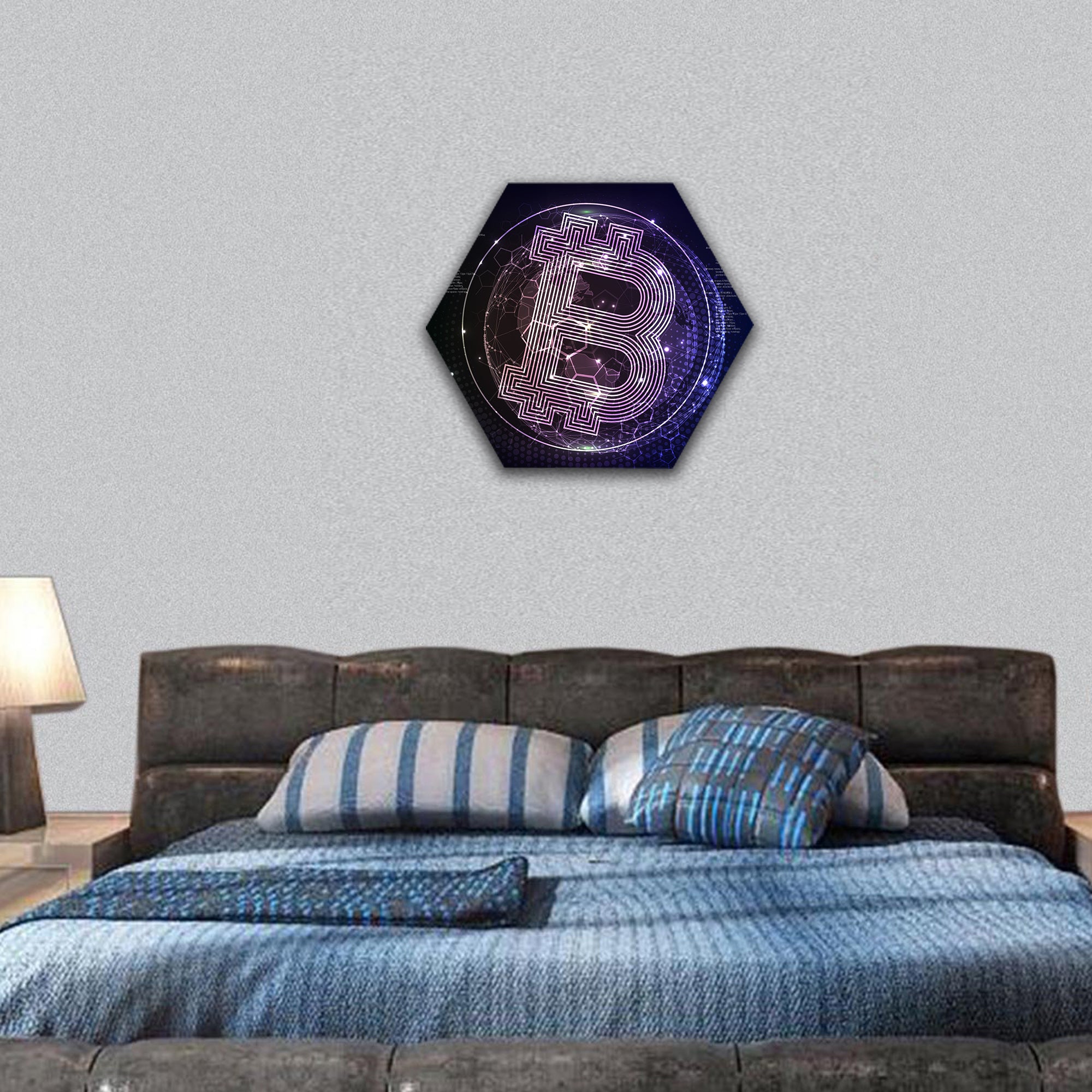 Bitcoin Crypto Currency Block chain Technology on World Map hexagonal canvas wall art