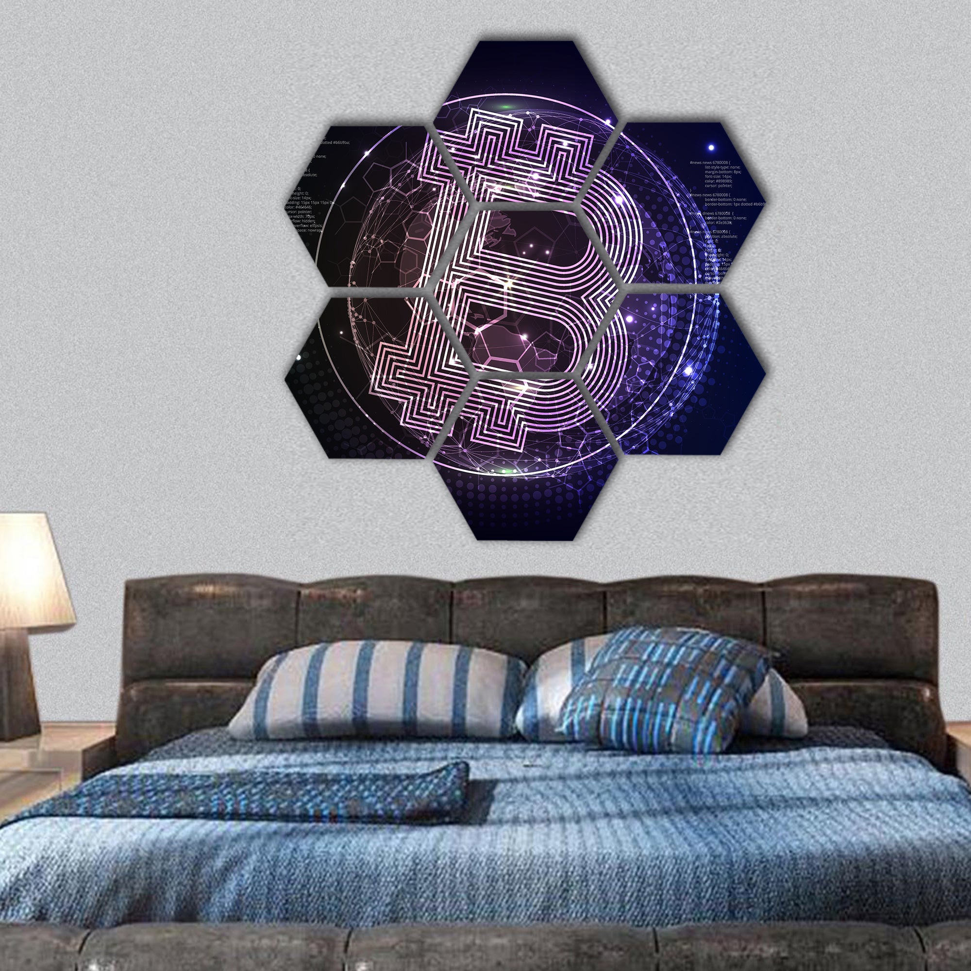 Bitcoin Crypto Currency Block chain Technology on World Map hexagonal canvas wall art