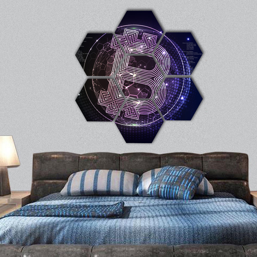 Bitcoin Crypto Currency Block chain Technology on World Map hexagonal canvas wall art