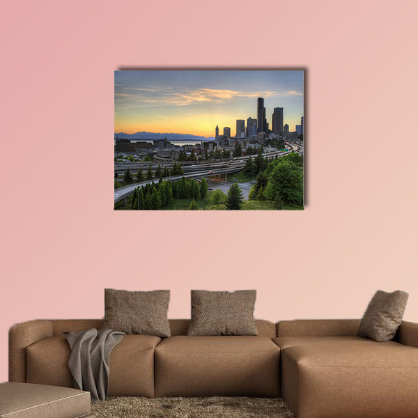 Seattle Washington Skyline and Freeway at Sunset Multi panel canvas wall art