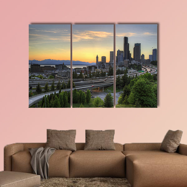 Seattle Washington Skyline and Freeway at Sunset Multi panel canvas wall art