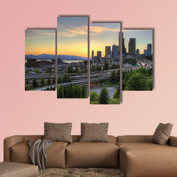 Seattle Washington Skyline and Freeway at Sunset Multi panel canvas wall art