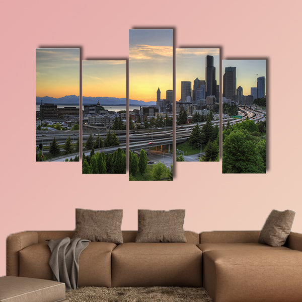 Seattle Washington Skyline and Freeway at Sunset Multi panel canvas wall art