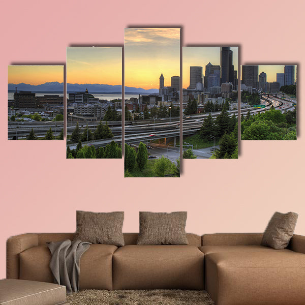 Seattle Washington Skyline and Freeway at Sunset Multi panel canvas wall art
