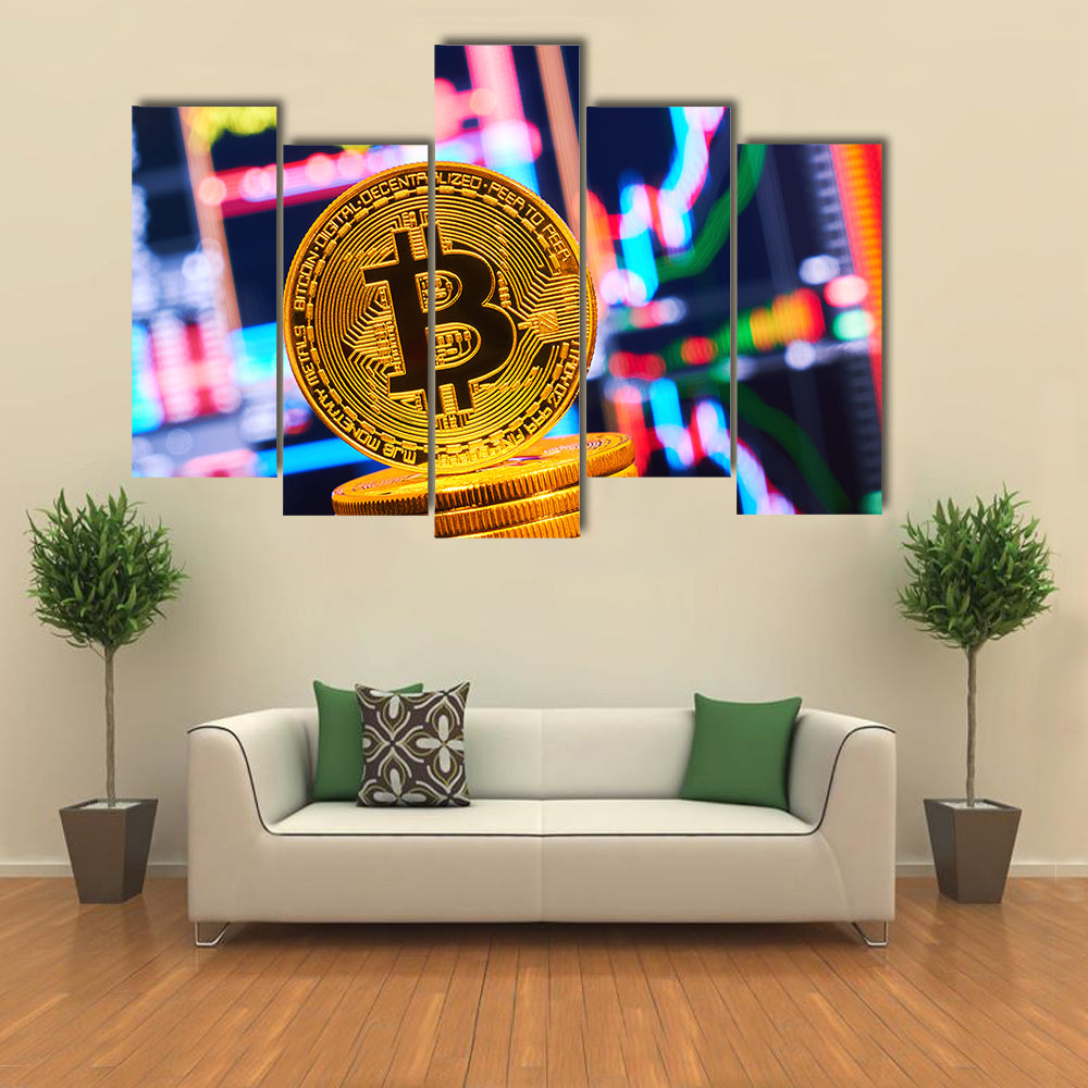 Business graphs close-up Bit coin crypto currency Multi panel canvas wall art