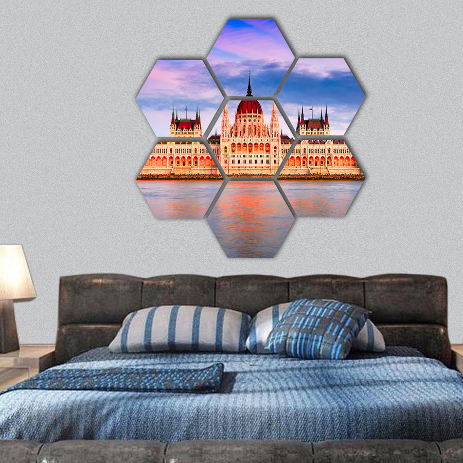 Hungarian Parliament Building and Danube River hexagonal canvas wall art