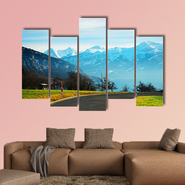 Road at Sigrilwil village in front of Swiss Alps Mountains multi panel canvas wall art