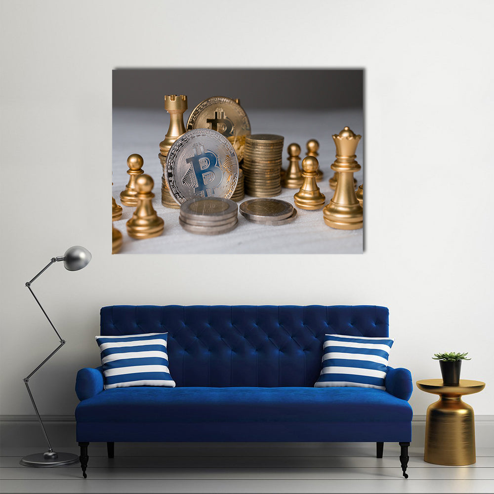 Bitcoin on chess board game of business ideas and blank space multi panel canvas wall art