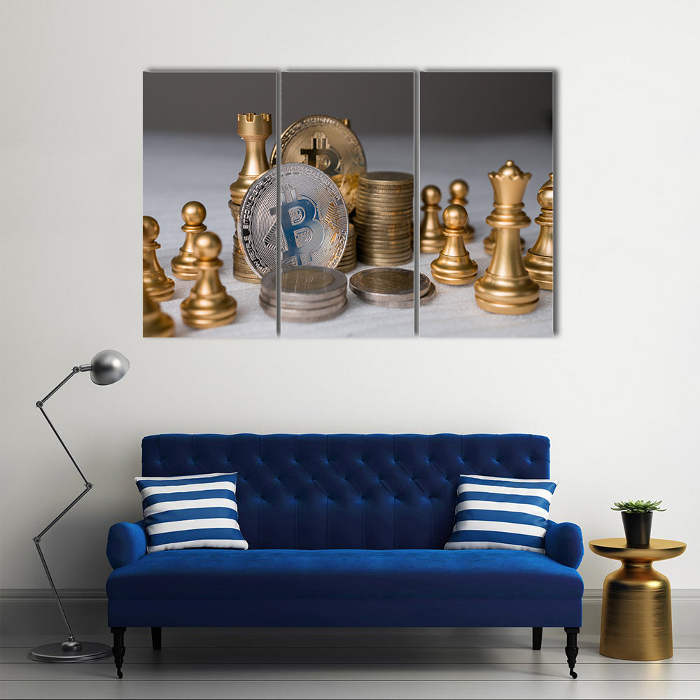 Bitcoin on chess board game of business ideas and blank space multi panel canvas wall art