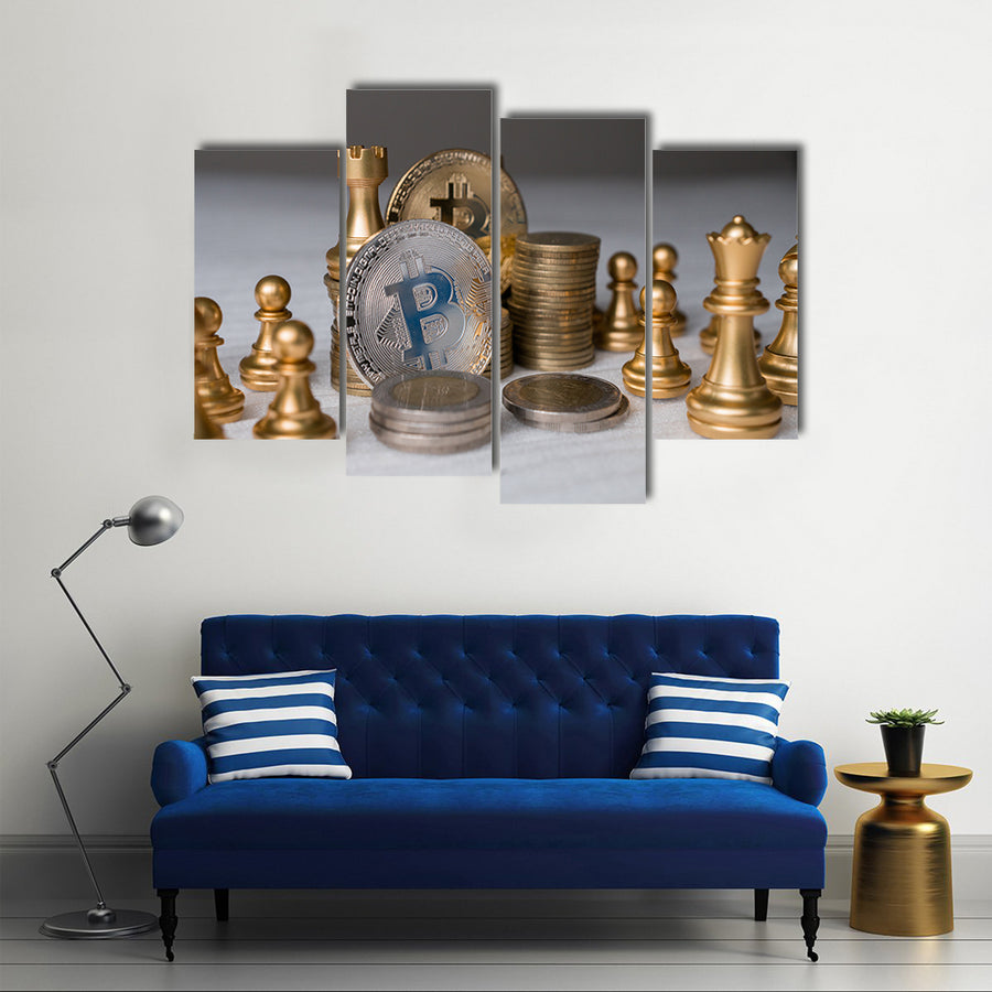 Bitcoin on chess board game of business ideas and blank space multi panel canvas wall art